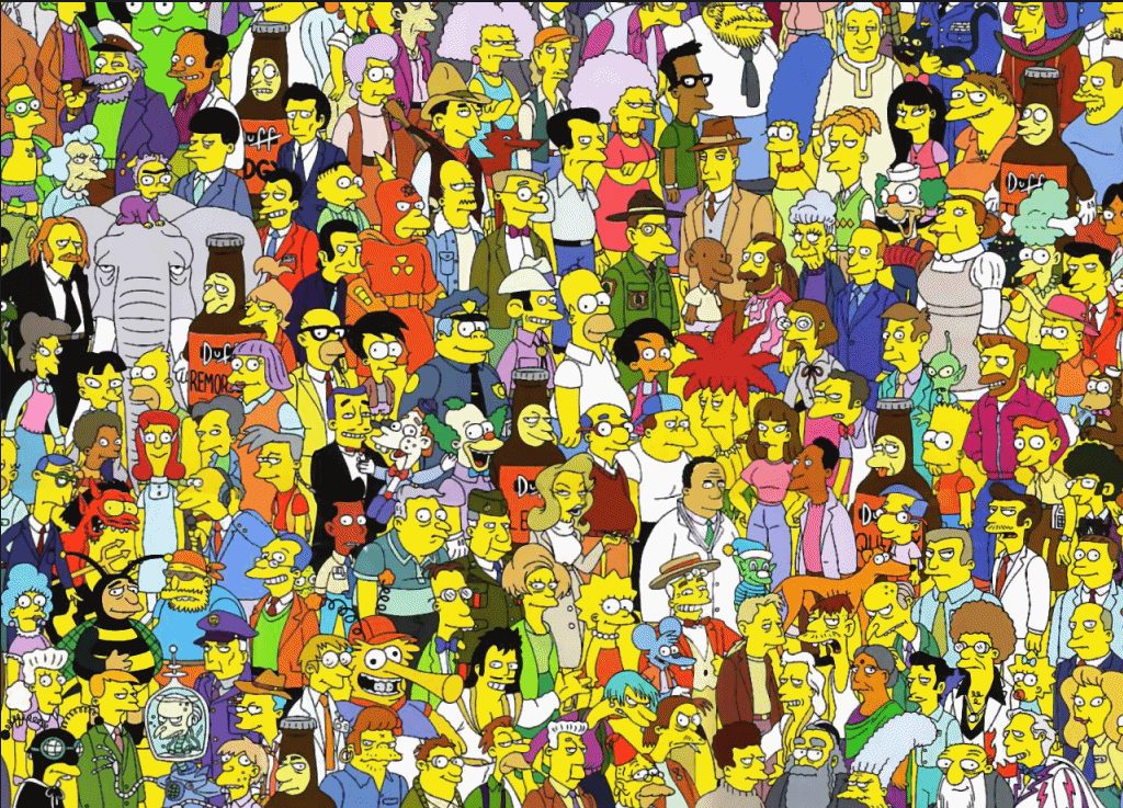 Una colorida ilustración con un amplio abanico de personajes icónicos de Los Simpson, capturando al querido y diverso elenco de la longeva serie de animación